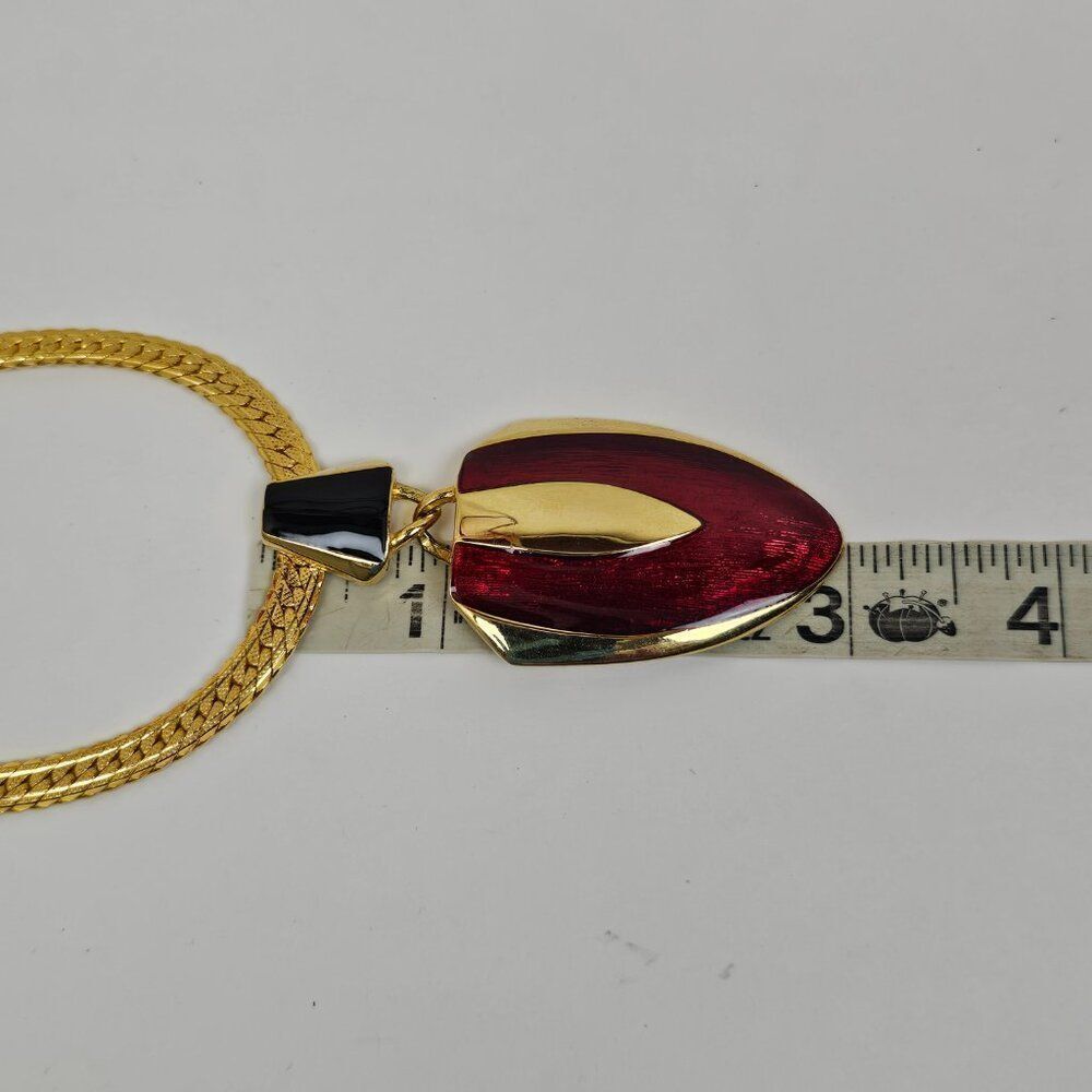 Vintage Black Red Enamel Fixed Pendant Necklace Gold Tone Chain 80s 90s Chunky - Picture 6 of 11